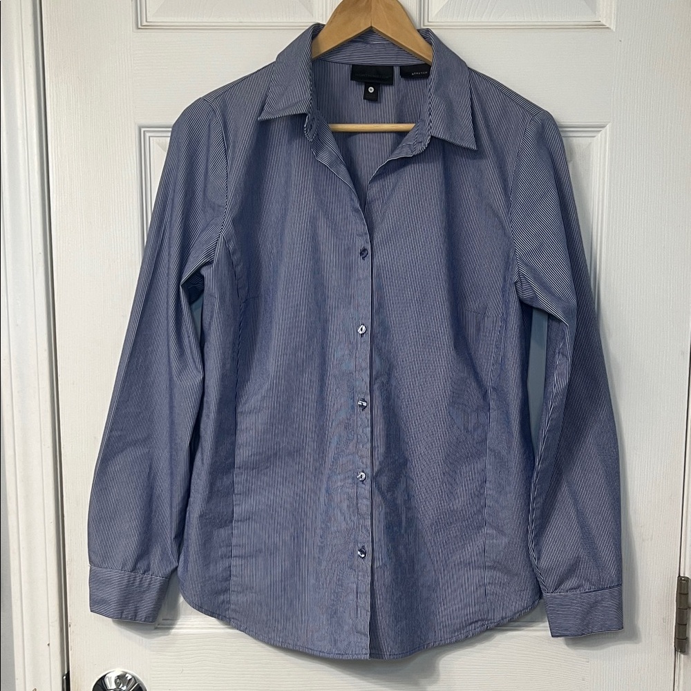 Women’s Stretch Blue & White Pinstripe Long Sleeve Button Up Size 12 Corpcore